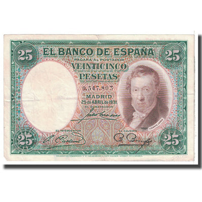 Billete, 
            
               25 Pesetas, 
            
               1931