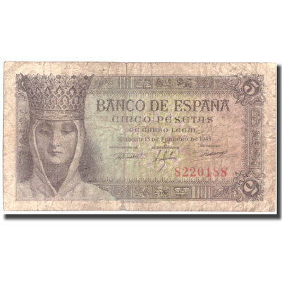 Billete, 
            
               5 Pesetas, 
            
               1943